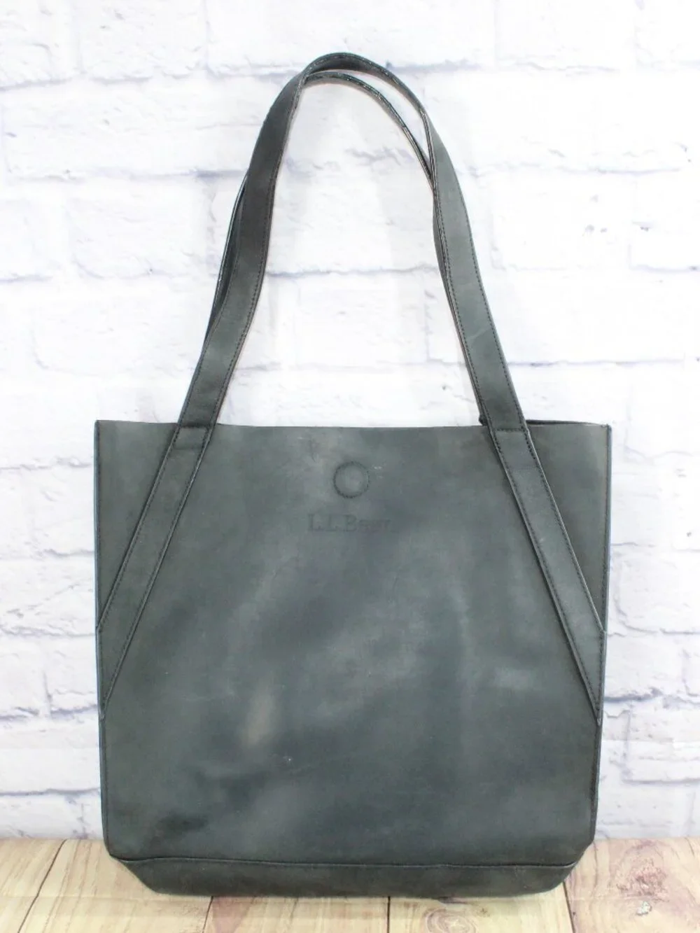 LL Bean Women's Stonington Full Grain Leather Purse Tote Bag Black Double Handle
